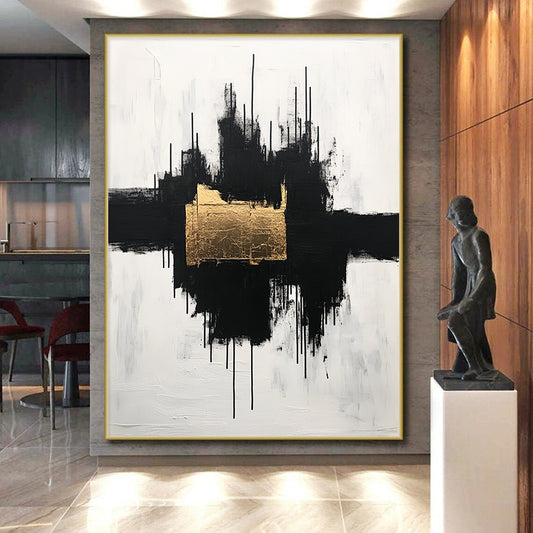 Black, White and Gold Abstract "Gilded Center" Painting On Canvas HB404