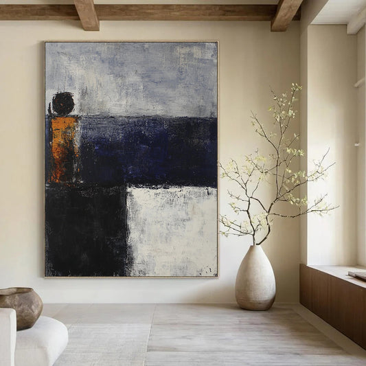 Contemporary hand-painted abstract artwork depicting an evening sea in dark blue and gray tones with rusted metal elements. DLZ0577