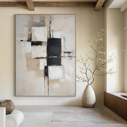 Contemporary hand-painted abstract art featuring soft beige and white blocks with black squares, designed with a neutral color palette and gentle edges. DLZ0517