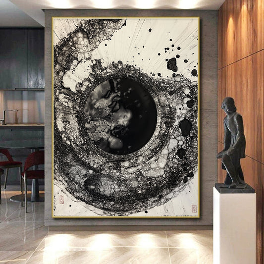 Black & White Bubbly Circular Ink - “Ethereal Ink Bubble” Painting On Canvas HB223