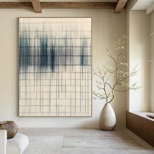 Contemporary hand-painted abstract art featuring woven lines in white and blue, symbolizing clean air and environmental awareness in a modern urban backdrop. DLZ1432