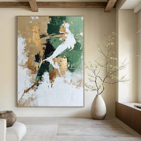 Large contemporary abstract painting featuring white and green tones with gold accents and a dynamic human figure crafted from natural elements. DLZ0780