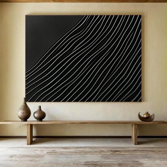 “Curved Black & Silver Lines” - Blacks, Silvers, Abstract Wave Lines - Mixed Media Art HB1623