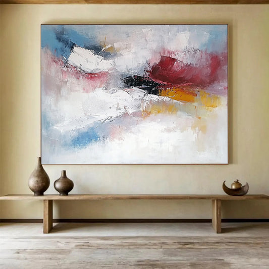 “Soft Abstraction” - Pink, white, blue, yellow; Gentle blended strokes evoke dreamy skies; Pastel Abstract Oil Painting On Canvas HB1170