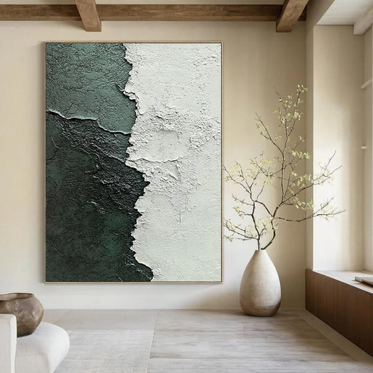 Contemporary abstract painting highlights textured contrast of white plaster and dark green paint with intricate brushstrokes in gray and blue tones. DLZ1213