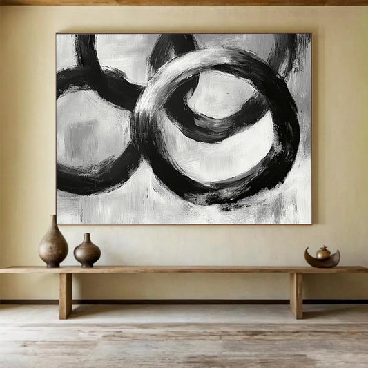 “Interlocking Black Rings” - Blacks, Whites, Grays, Abstract Circular Forms - Acrylic Painting HB1622