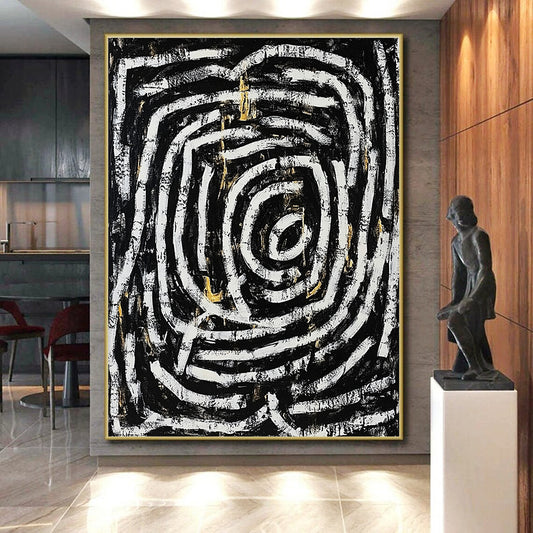 Black, White, Gold and Gray Spiral Maze "Endless Journey" Painting On Canvas HB344
