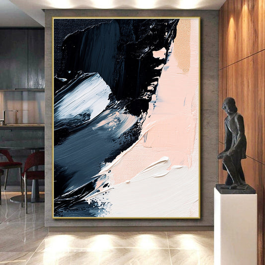 Black, White, Gold, Blush, Brush Strokes "Gilded Blush Drama" Abstract Gestural Painting On Canvas HB168