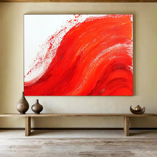 “Bold Red Wave” - Vibrant Red, White, Dynamic Brushstrokes - Abstract Acrylic Painting HB1730