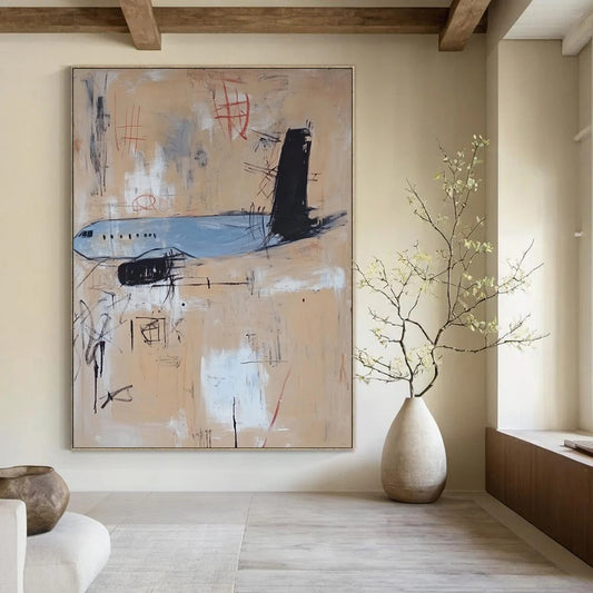 Contemporary hand-painted abstract artwork featuring an airplane with light blue beige and tan tones accented by black lines and minimalistic details. DLZ0571