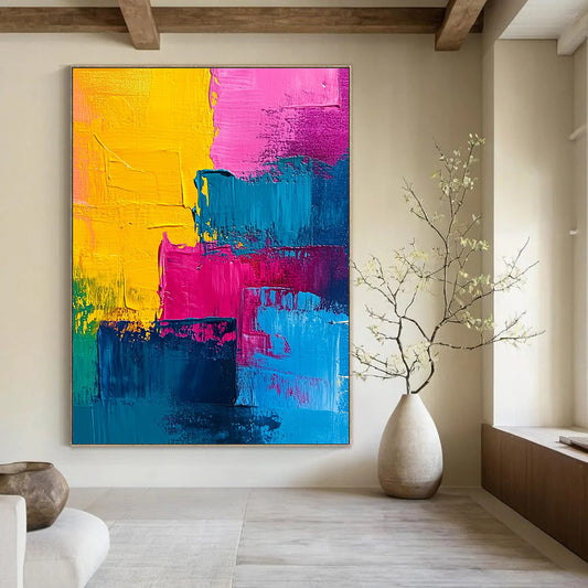 Contemporary abstract painting features vibrant pink blue yellow and teal acrylic swirls creating a dynamic and energetic visual experience. DLZ0811