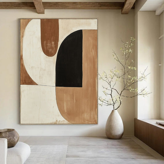 Large contemporary hand-painted abstract artwork featuring minimalist shapes in earth tones and a striking black shape. DLZ1135