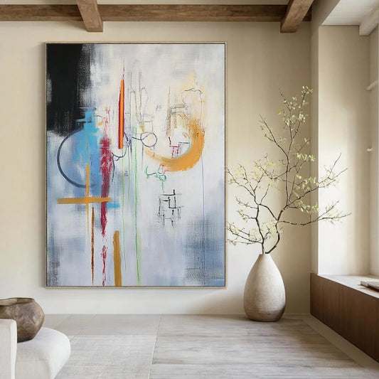 Large contemporary hand-painted abstract artwork featuring vibrant colors and dynamic shapes creating a captivating visual experience. Ideal for modern spaces. DLZ1759