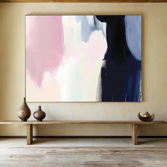 Soft Pink and Blue with Dark Silhouette - Minimalist Abstract Painting On Canvas HB0499