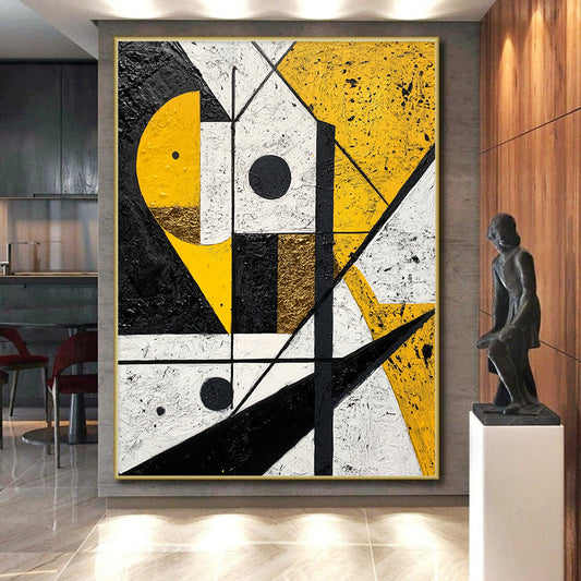 Black, White, Gold and Yellow Geometric Mosaic "Sunny Geometry" Painting On Canvas HB339