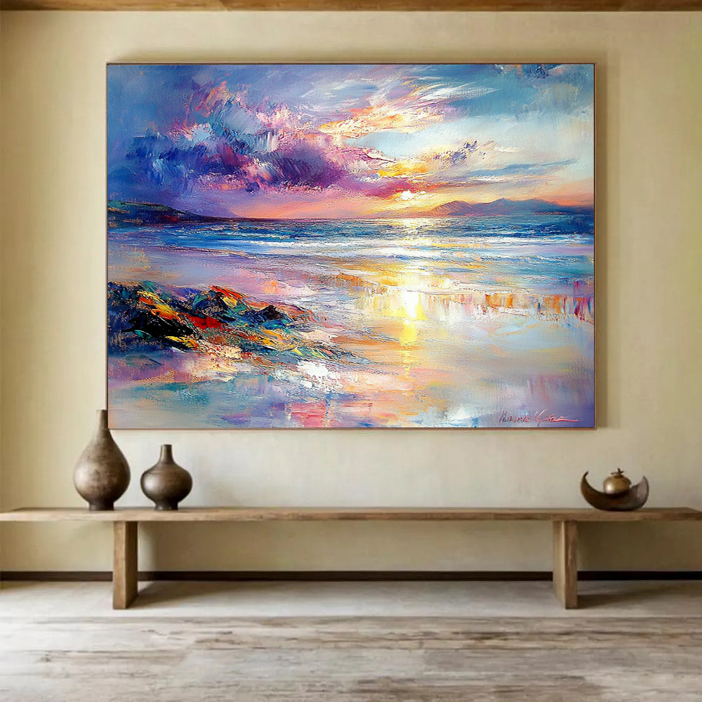 “Colorful Coastal Sunset” - Purple, Pink, Orange, Blue, Beach and Sky - Impasto Oil Painting HB1702