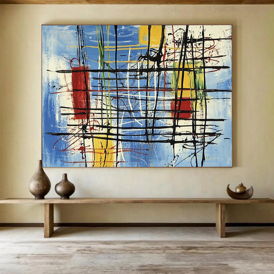 “Colorful Abstract Grid” - Blue, yellow, red, green, Abstract Expressionist Painting HB0641