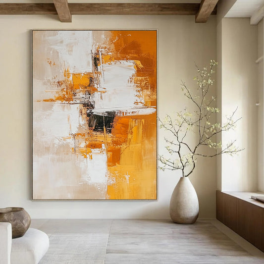 Contemporary hand-painted abstract artwork featuring white and amber tones with geometric shapes creating depth and calmness on a light orange background. DLZ0777