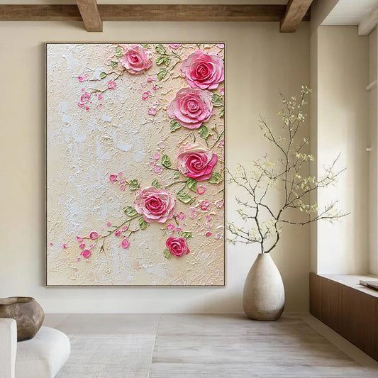 Contemporary handcrafted abstract art features delicate pink lace and roses with an elegant beige background of small flowers and greenery, exuding refined charm and sophistication. DLZ1247