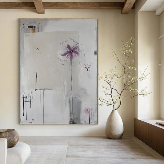 Contemporary abstract art features white canvas with scribbles, handwritten elements, light grey background, central purple flower, and defined black lines. DLZ1084