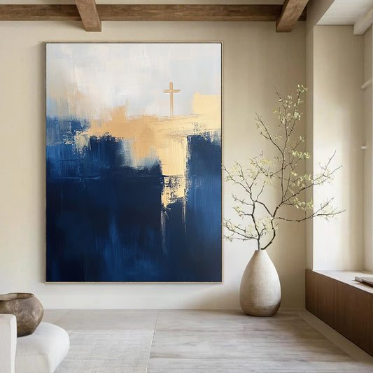 Contemporary abstract painting featuring navy blue and light beige tones with large brush strokes and a minimalist cityscape design emphasizing depth and negative space. DLZ0714
