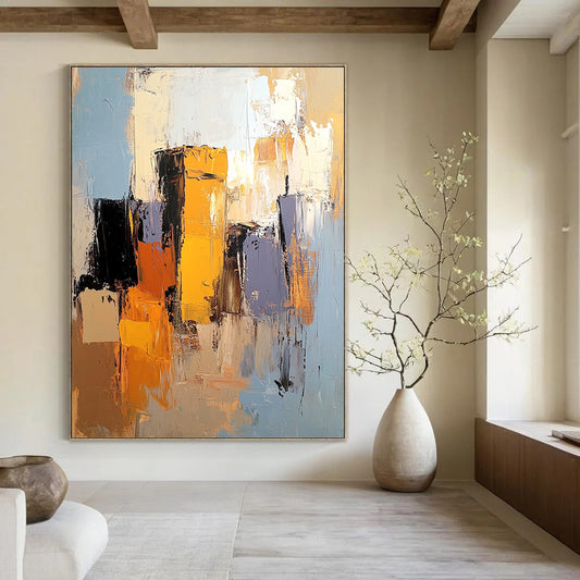 Contemporary abstract artwork showcasing the Alhambra in light blue, mustard yellow, and burnt sienna with gray and brown accents. DLZ0894