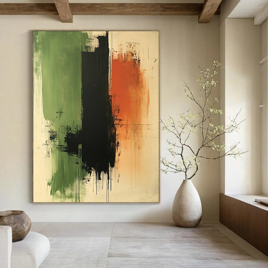 Contemporary abstract artwork featuring calming green black and brown tones oil on paper with canvas texture ideal for meditative spaces DLZ1328