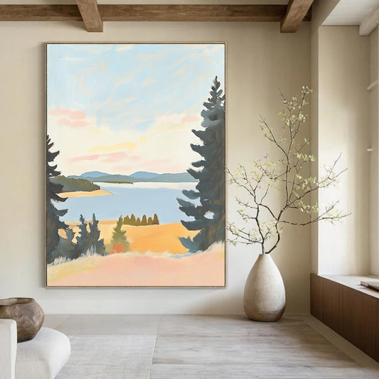 Contemporary minimalist landscape art featuring muted pastels of Lake St. Paul in Oregon on antique white paper, evoking serene beauty and tranquil views. DLZ1575