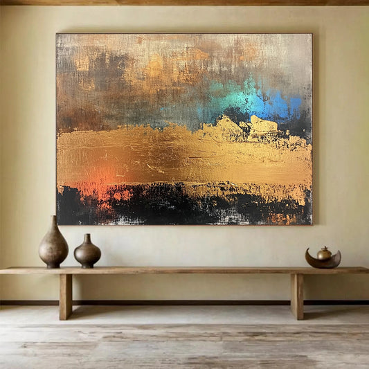 “Gold - Teal Abstract Textures” - Gold, Teal, Abstract Textured Painting On Canvas HB1107