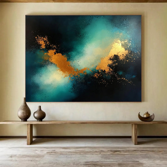 “Cosmic Teal & Gold” - Teal, Gold, Black, Abstract Celestial Clouds Painting On Canvas HB1033