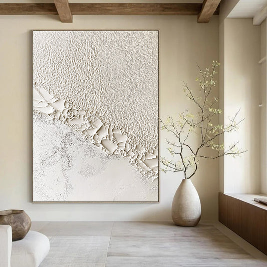 Contemporary hand-painted abstract artwork featuring textured white waves at the wall and ceiling edge, symbolizing creativity and innovation in architectural design. DLZ1215