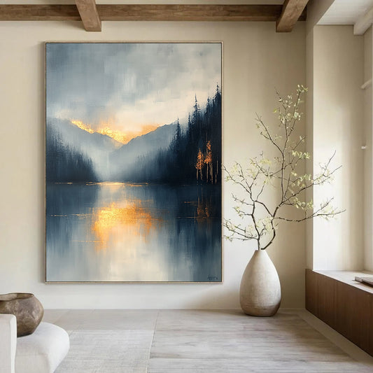 Contemporary abstract painting featuring a misty light blue and gray sky with gold leaf accents and visible brush strokes for an atmospheric effect. DLZ0514