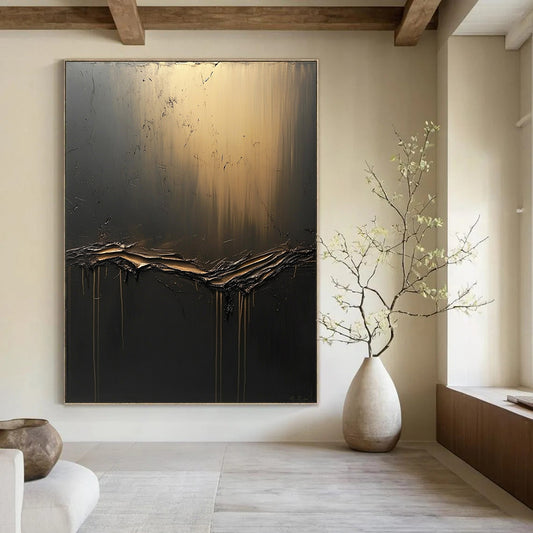 Large contemporary hand-painted abstract artwork features textured dark gray canvas with golden light and flowing black fluid, accented by ethereal shapes. DLZ0691