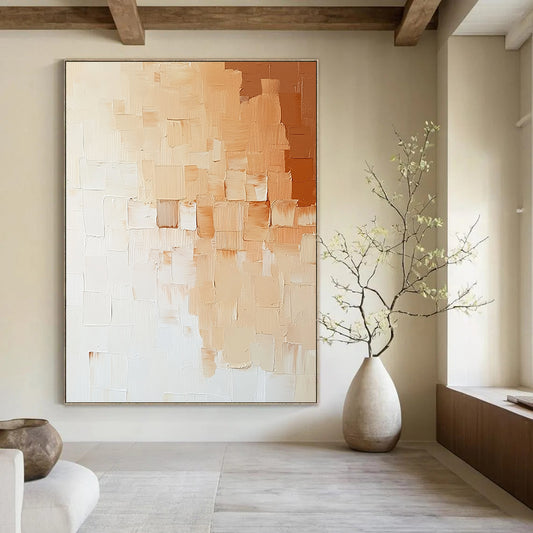 Contemporary abstract painting featuring thick impasto strokes in neutral tones, capturing a minimalist brick wall in elegant beige, white, and light orange hues. DLZ1198