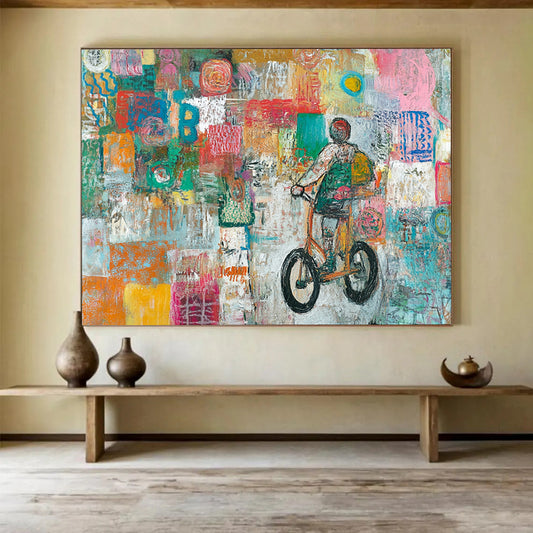 Colorful Mosaic Biker Journey – Mixed - Media Abstract Biker Scene Painting HB1469