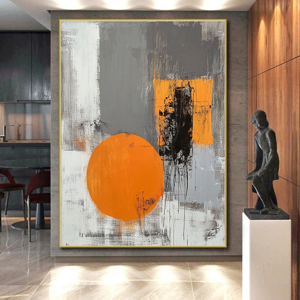 Gray, Black, Orange and White Minimalist Abstraction "Subtle Energy" Painting On Canvas HB337