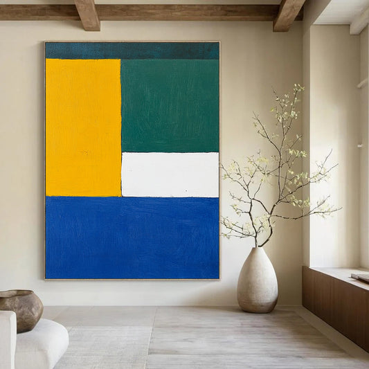 Contemporary hand-painted abstract art in blue, white, and yellow inspired by flag colors, perfect for modern decor. DLZ1315