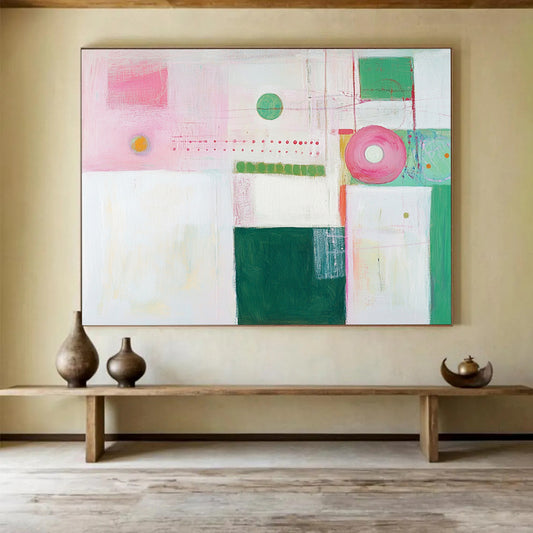 “Pastel Abstract Shapes” - Pink, green, white, Soft Abstract Painting HB0642