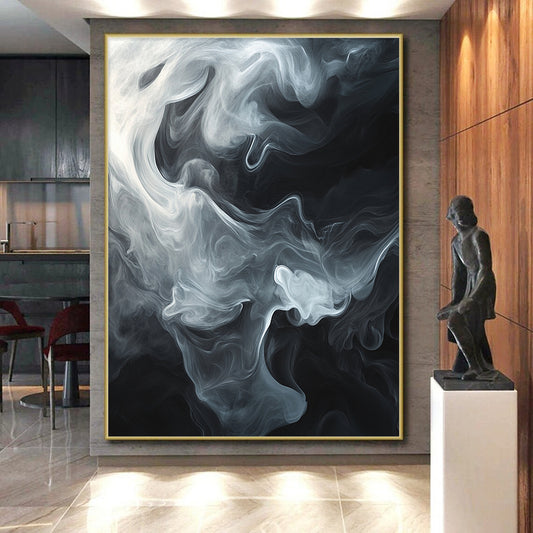 Black & White Swirling Smoke - “Mystic Smoke Veil” Painting On Canvas HB202