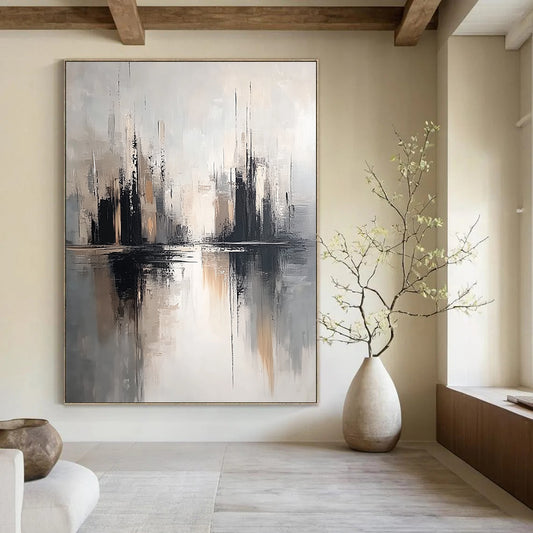 Contemporary hand-painted abstract artwork featuring soft gray tones and a neutral palette with detailed textures and minimalist design on a white background. DLZ0810