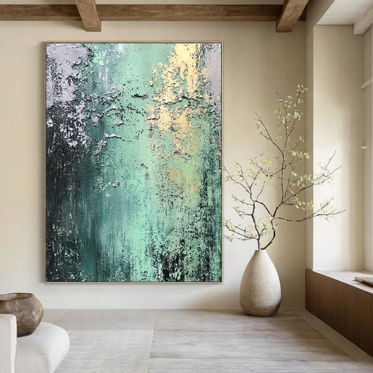 Contemporary abstract art featuring weathered textures and a palette of greens and grays, evoking urban decay with detailed shading and light. DLZ1368