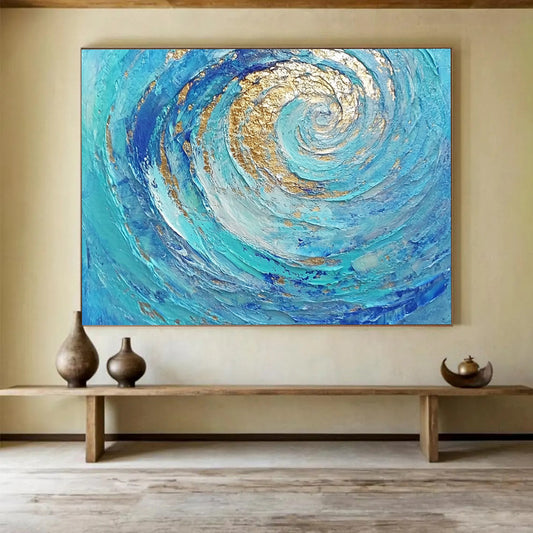 “Golden - Blue Spiral Flow” - Blue, Gold, Spiral Waves Painting On Canvas HB0726