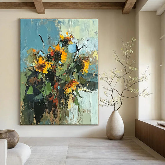 Contemporary palette knife sunflowers painting features vibrant colors on a white background, inspired by Peter Wileman's unique style and artistry. DLZ1127