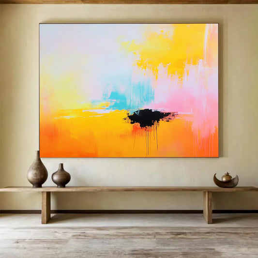 “Bright Abstract with Black Accent” - Yellow, pink, blue, black; Bright abstract with a bold black shape; Acrylic Painting On Canvas HB1277