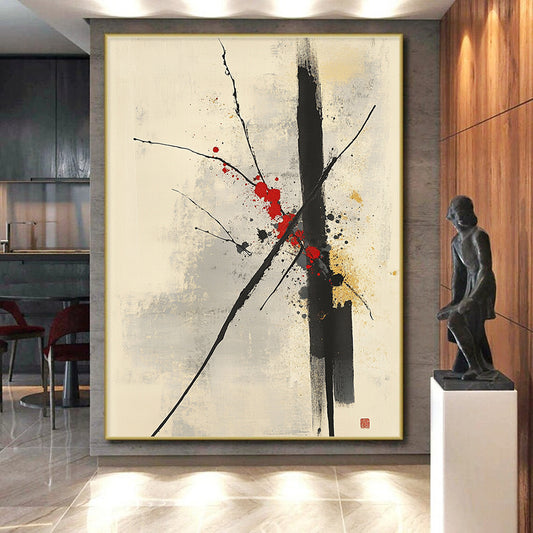 Black, Red, Gray and Beige Minimalist Branches "Splash Blossom" Painting On Canvas HB315