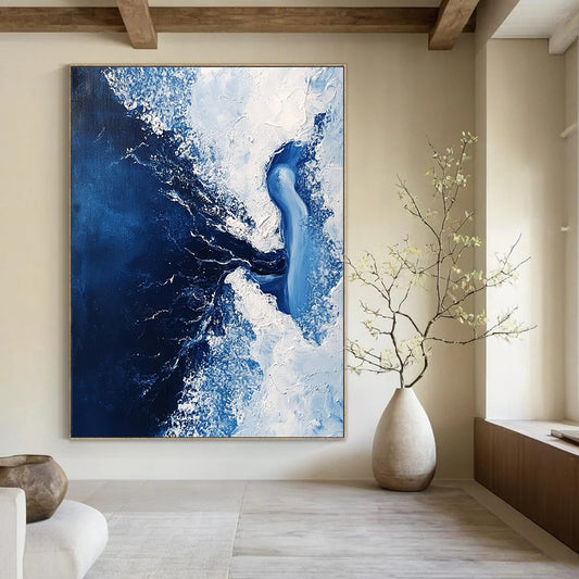 Contemporary abstract painting features a dark blue sea with white foam and an ice woman submerged within flowing water in minimalist style. DLZ0649