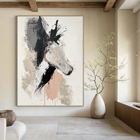 Contemporary abstract painting featuring an animal on a white background with muted colors bold black gray beige and pink brush strokes and raw texture. DLZ0867
