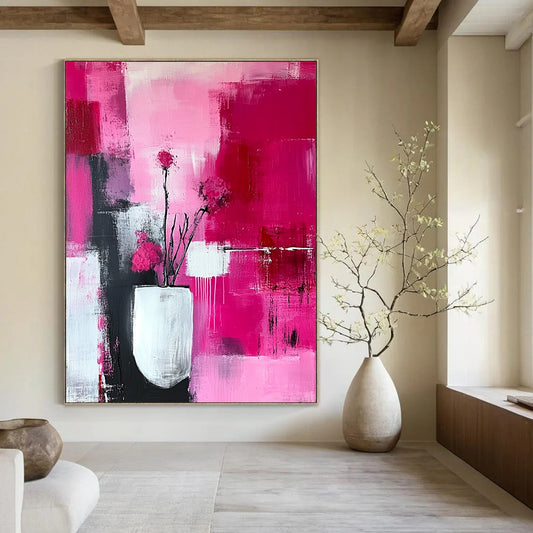 Contemporary hand-painted abstract art featuring a pink and white color scheme with delicate brushstrokes and intricate patterns for an ethereal aesthetic. DLZ0718