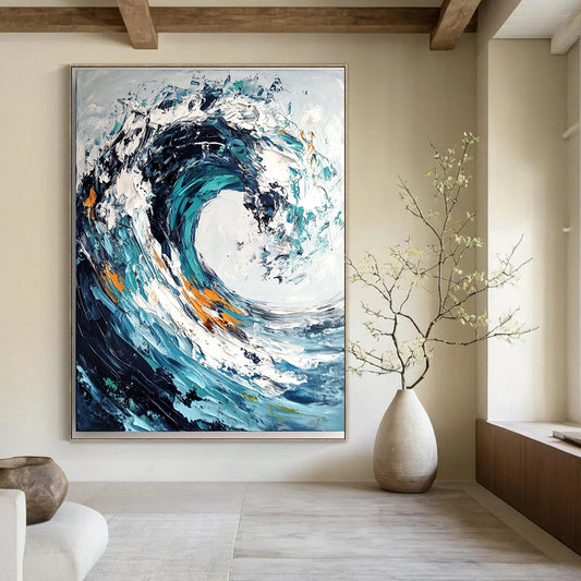 Contemporary abstract painting showcasing ocean wave with impasto brush strokes and palette knife in dark blue and teal swirls on white background. DLZ0580