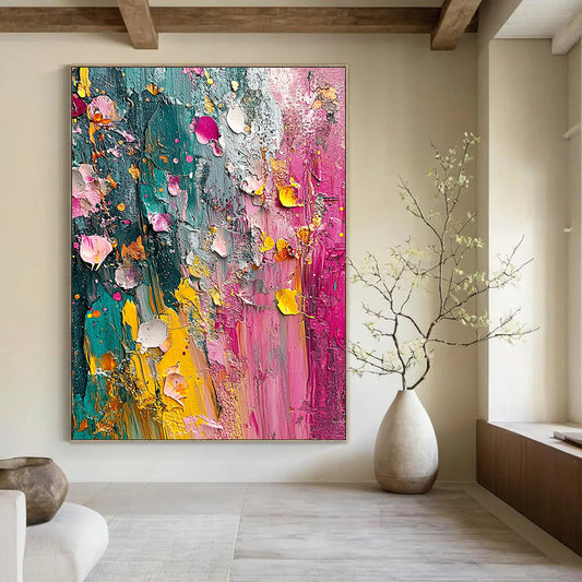 Contemporary hand-painted abstract artwork featuring vibrant colors and textured layers inspired by nature evoking the essence of springtime. DLZ1190